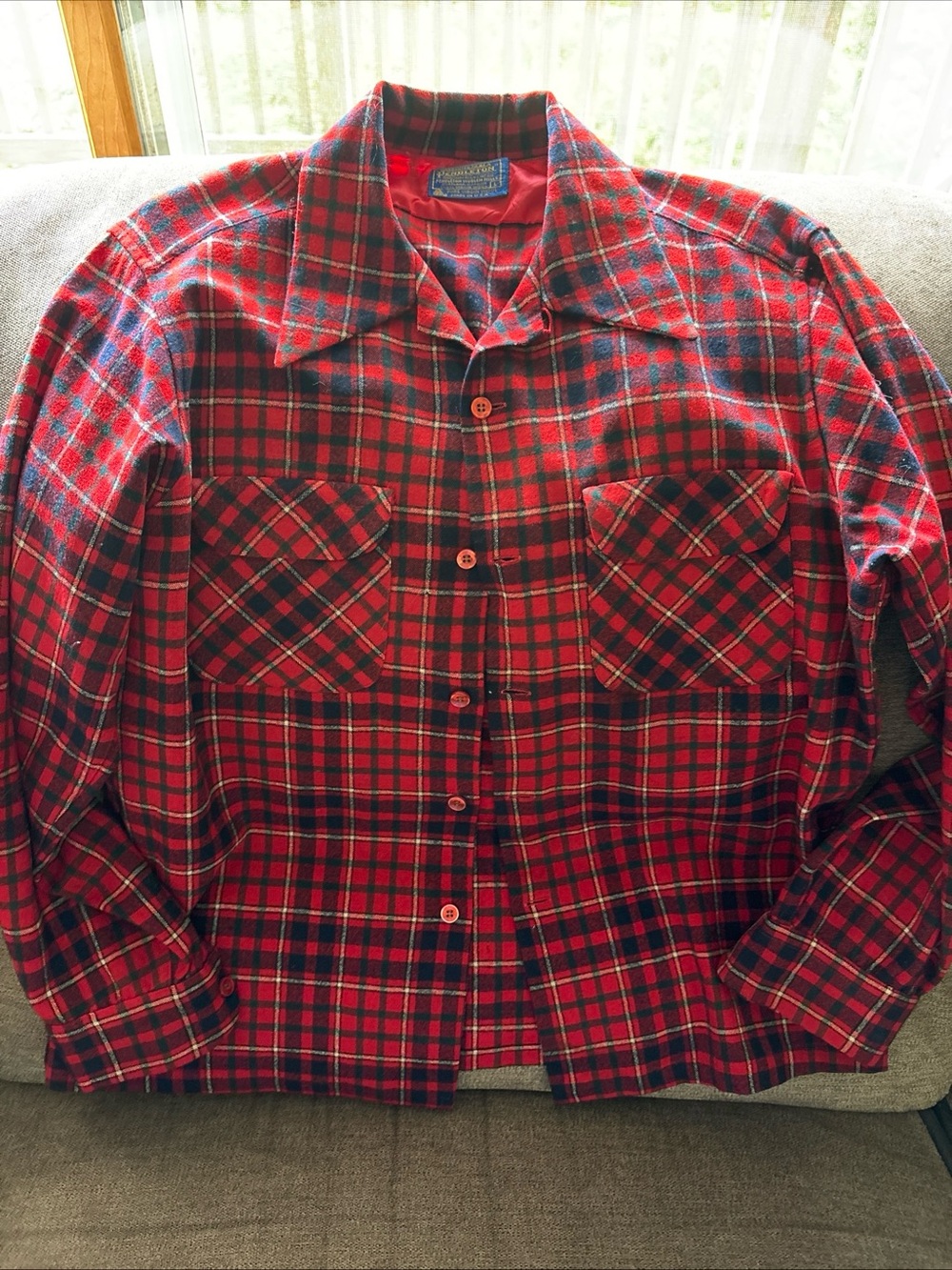 Vintage 60s Pendleton Board Shirt Mens L Red Plaid Wool Loop Collar Made USA